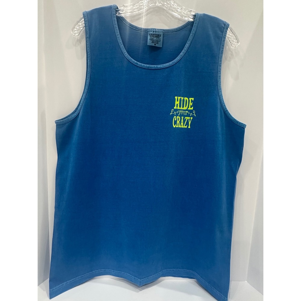 Comfort Colors Hide Your Crazy Blue Graphic Tank Top Sleeveless Shirt Medium
